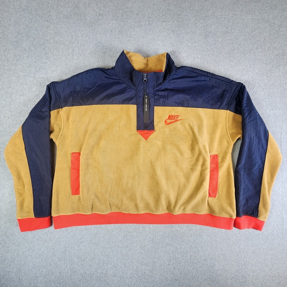 Nike 1/2 Zip Crop Fleece Jacket Women's XL Brown/Tan Blue Retro Pullover Pockets